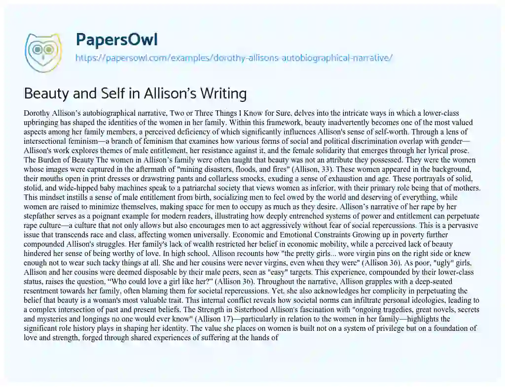 Essay on Dorothy Allison’s Autobiographical Narrative