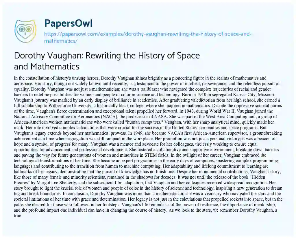 Essay on Dorothy Vaughan: Rewriting the History of Space and Mathematics