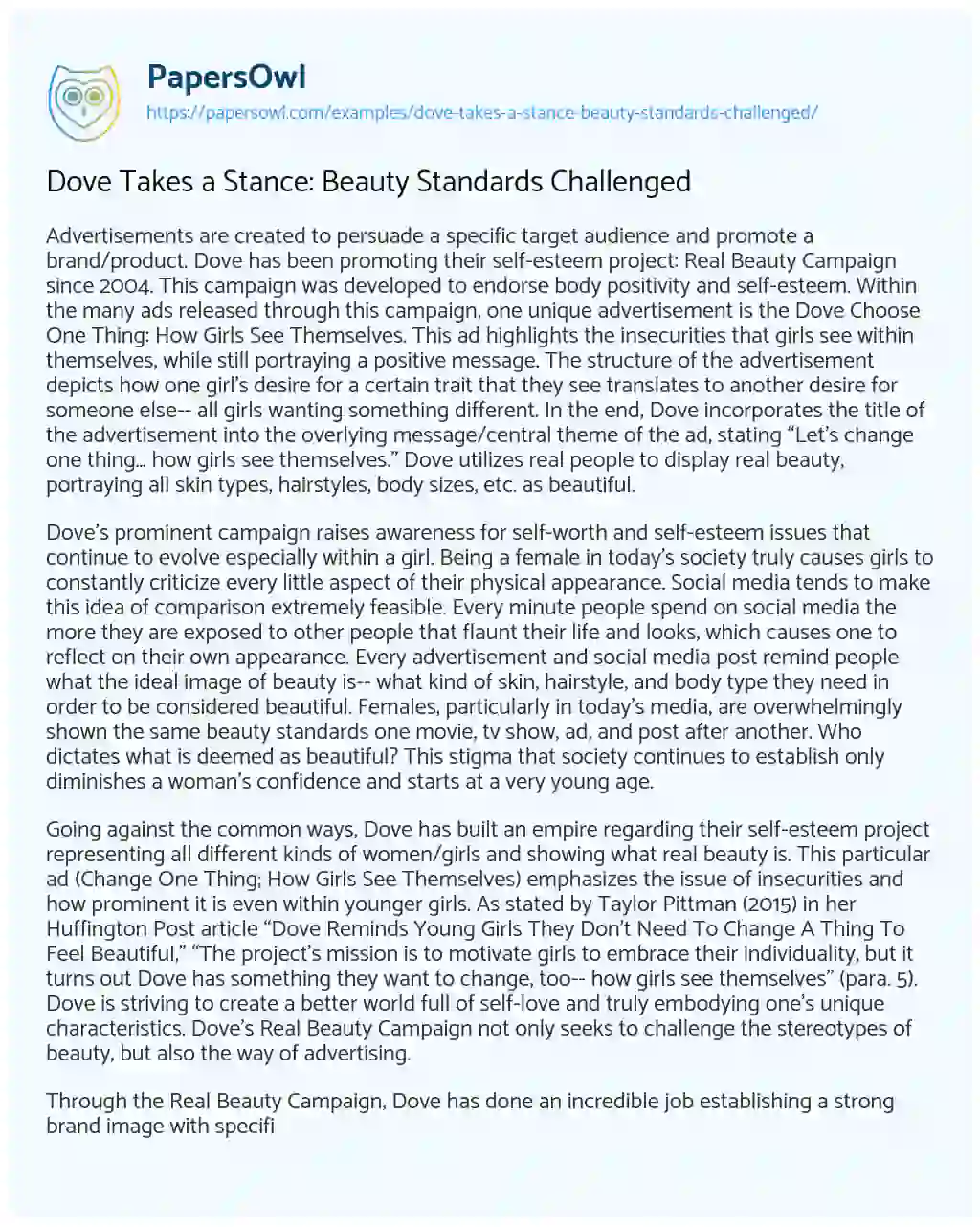 Essay on Dove Takes a Stance: Beauty Standards Challenged 