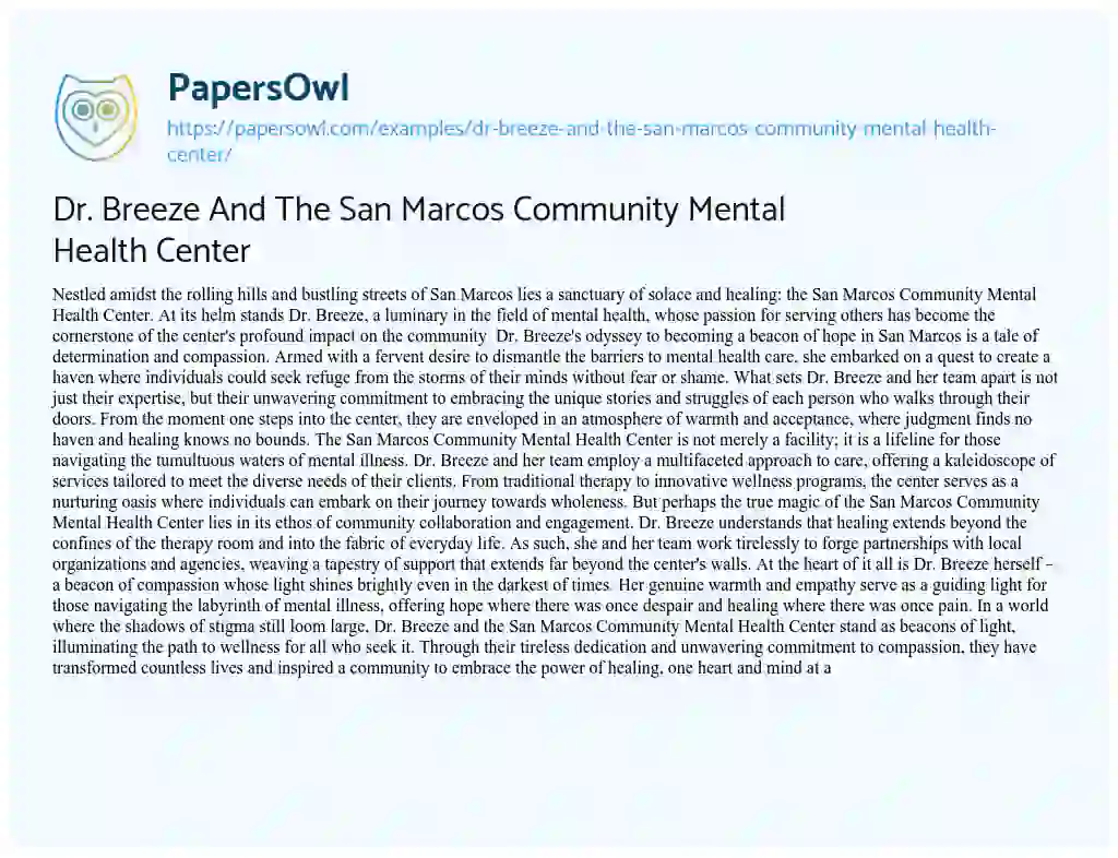 Essay on Dr. Breeze and the San Marcos Community Mental Health Center