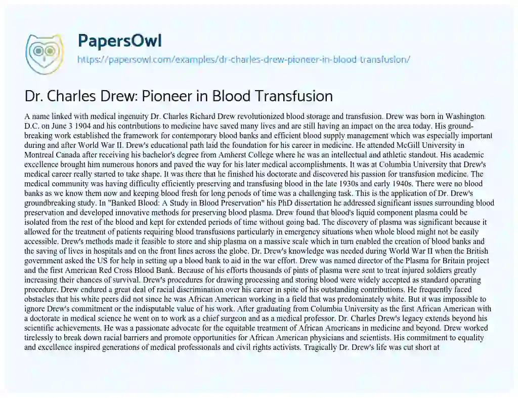 Essay on Dr. Charles Drew: Pioneer in Blood Transfusion