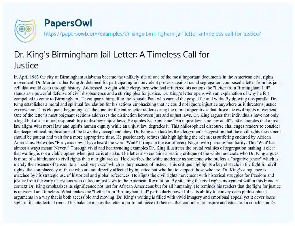 Essay on Dr. King’s Birmingham Jail Letter: a Timeless Call for Justice