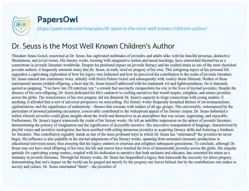 Essay on Dr. Seuss is the most Well Known Children’s Author