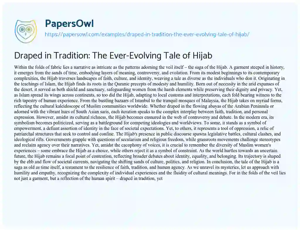 Essay on Draped in Tradition: the Ever-Evolving Tale of Hijab
