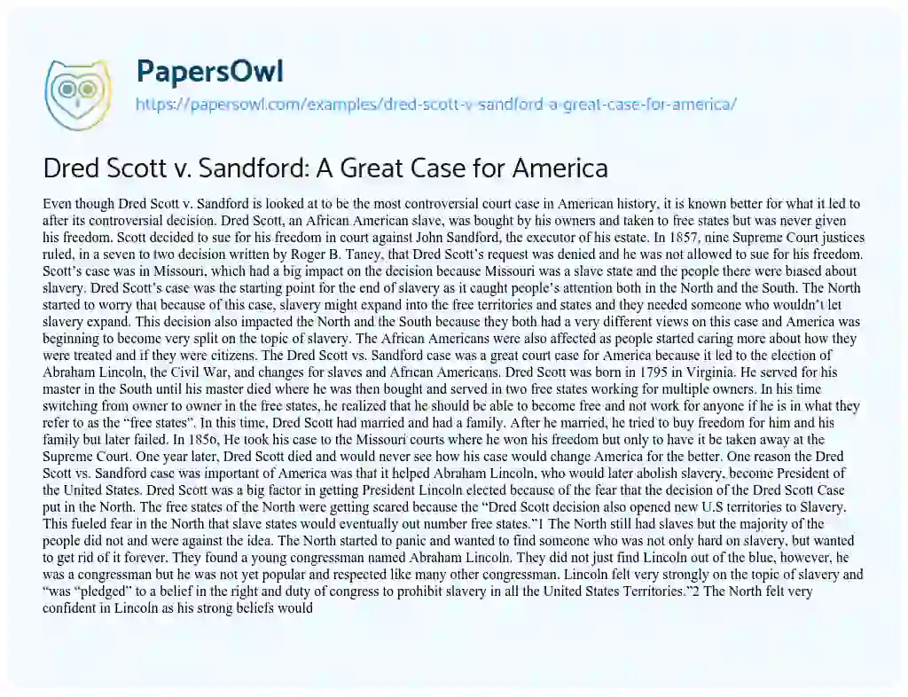 Essay on Dred Scott V. Sandford: a Great Case for America