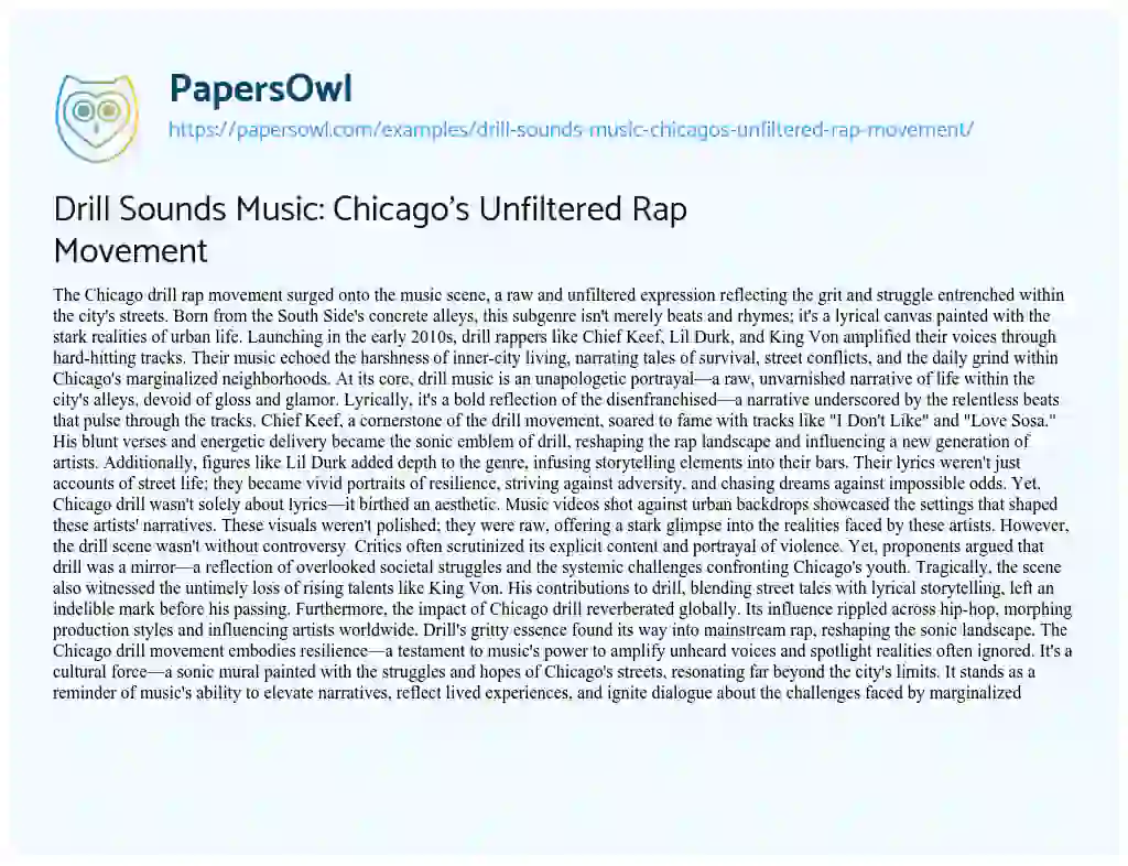 Essay on Drill Sounds Music: Chicago’s Unfiltered Rap Movement