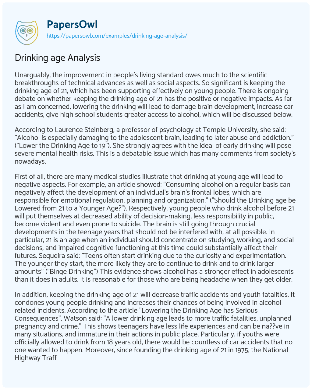 Essay on Drinking Age Analysis