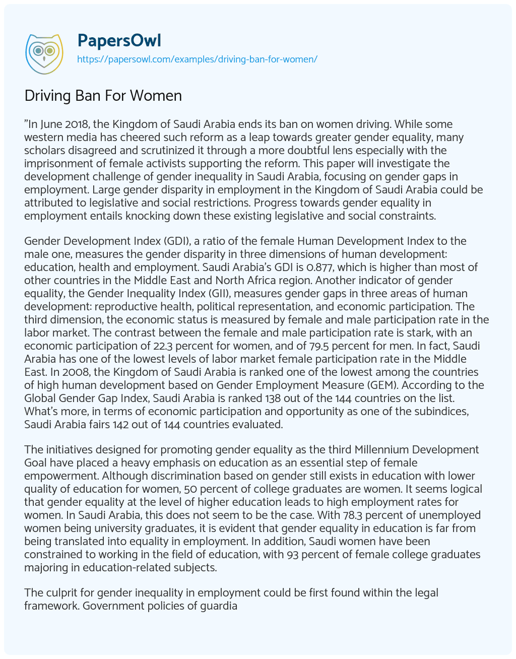 Essay on Driving Ban for Women