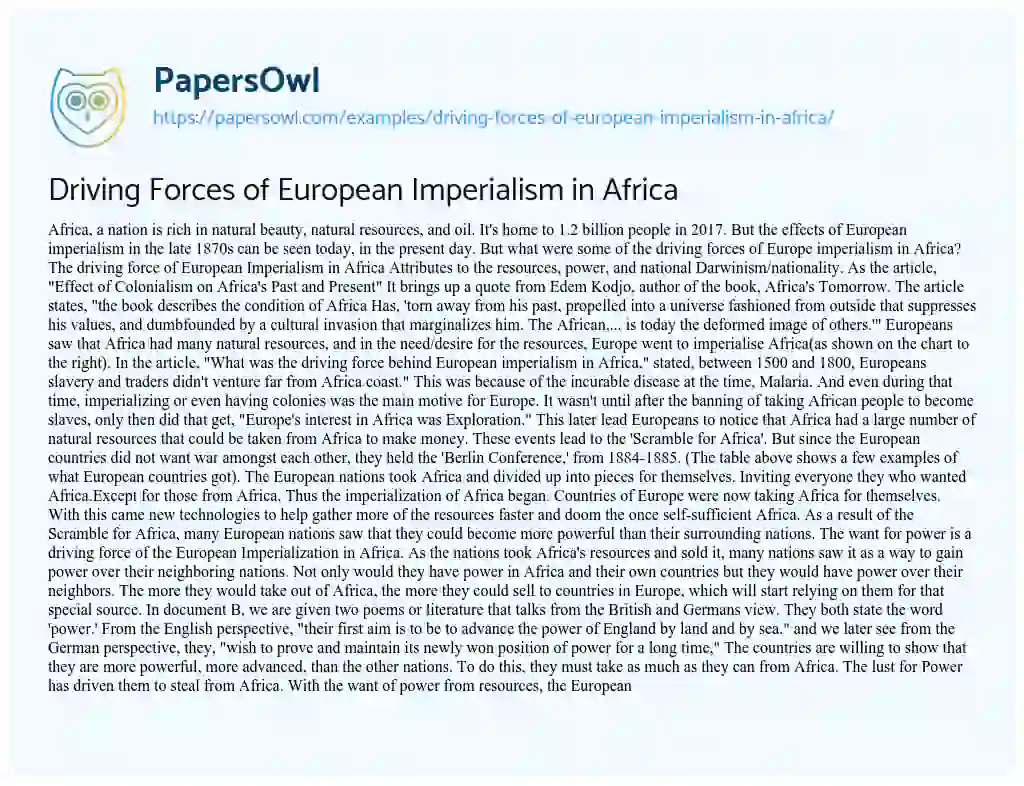 Essay on Driving Forces of European Imperialism in Africa