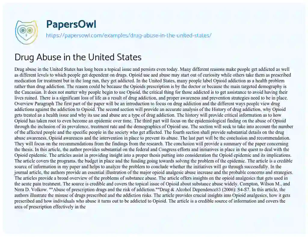 Essay on Drug Abuse in the United States