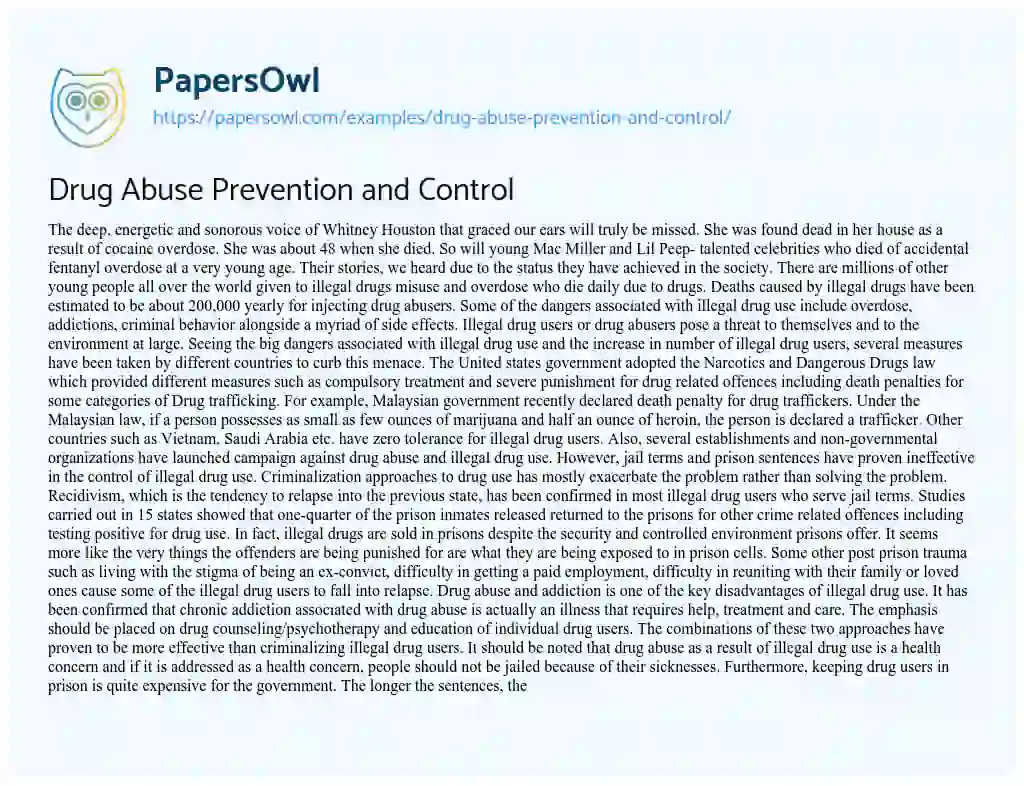 Essay on Drug Abuse Prevention and Control