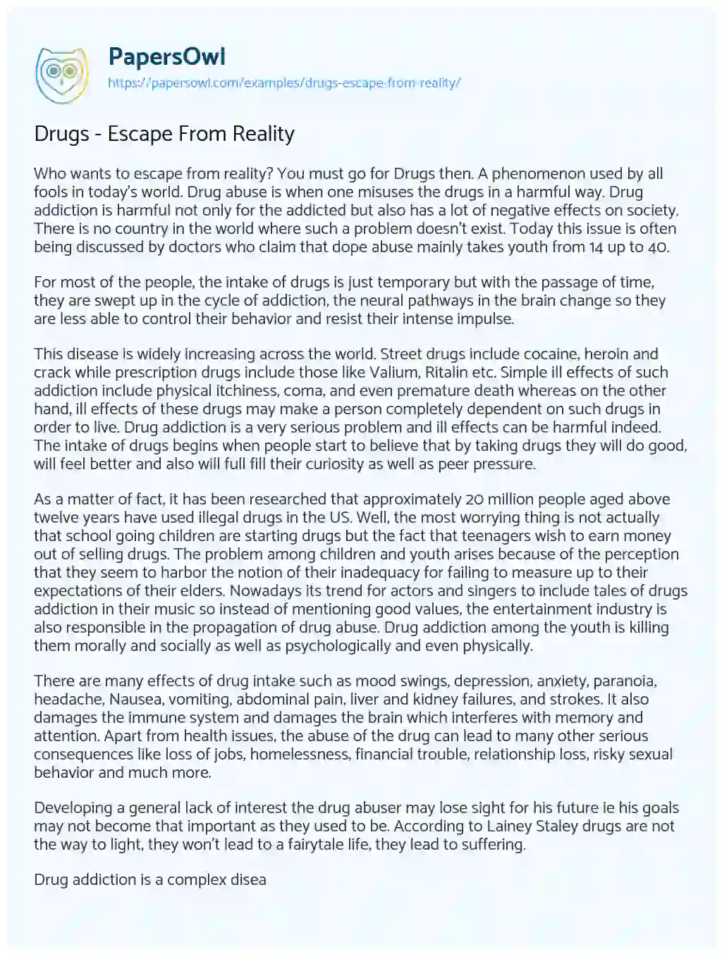 Drugs – Escape from Reality essay