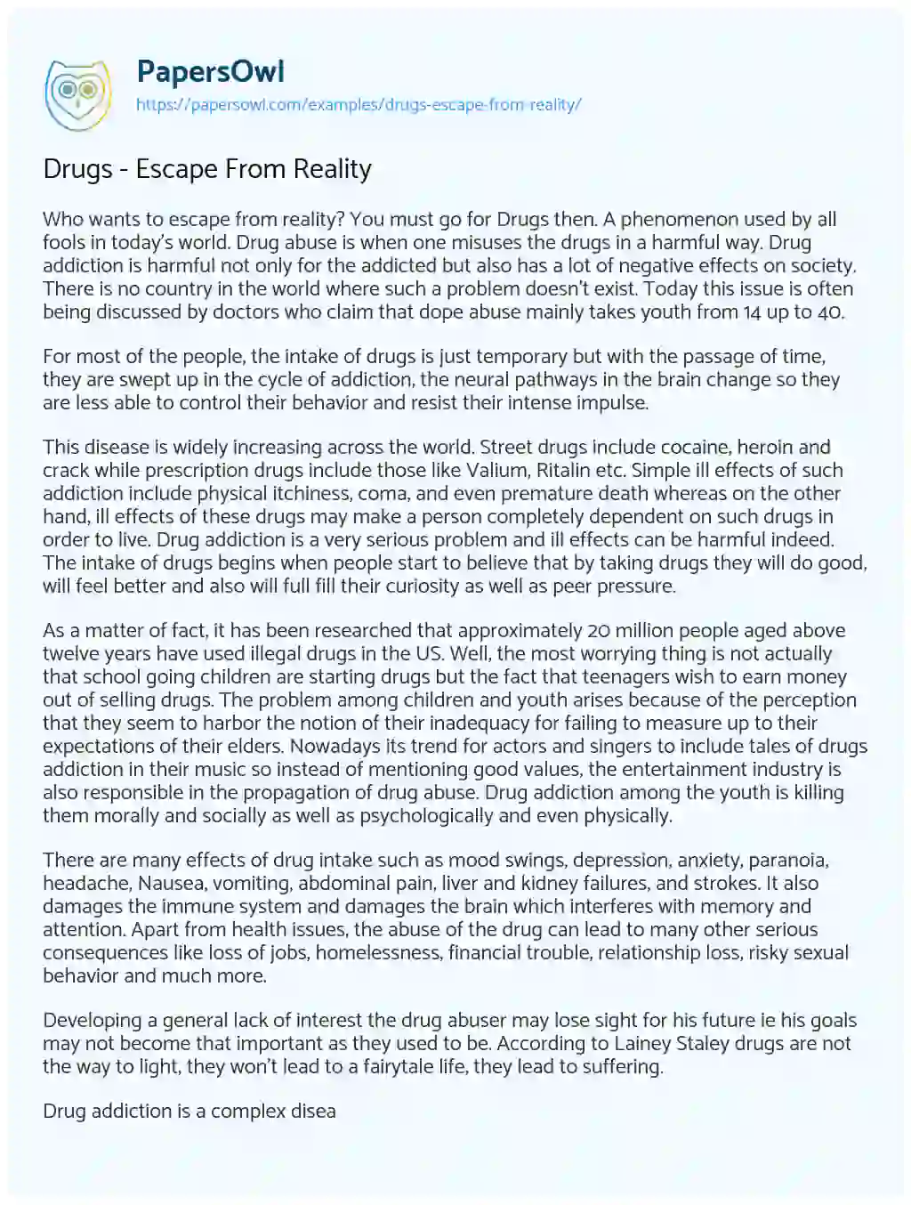 Essay on Drugs – Escape from Reality