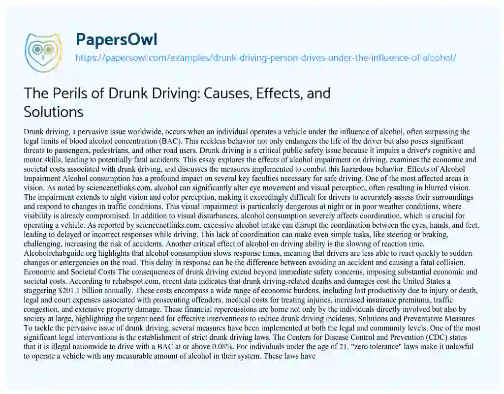 Essay on Drunk Driving – Person Drives under the Influence of Alcohol