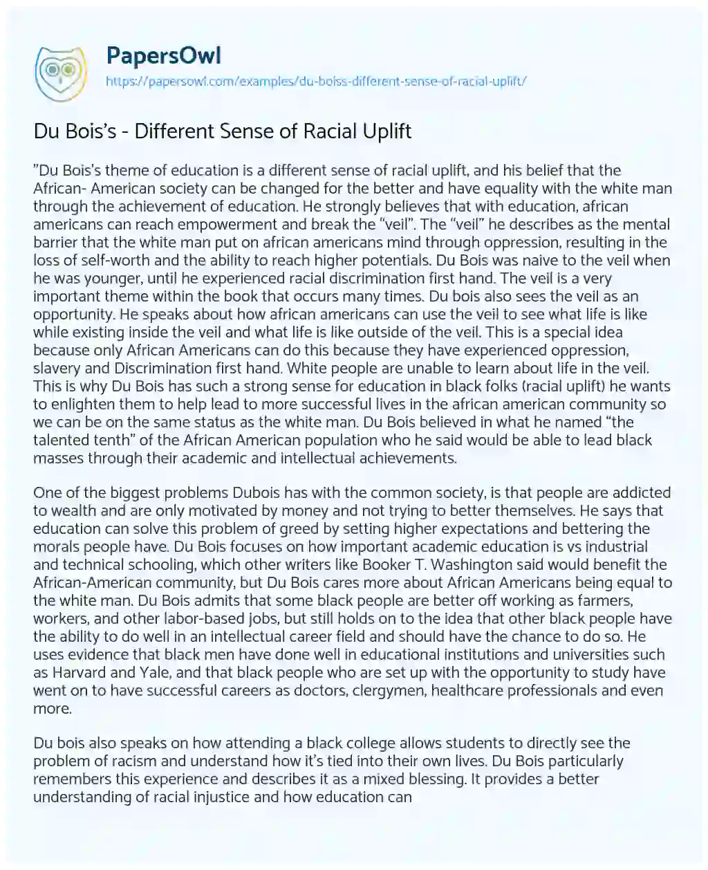 Essay on Du Bois’s – Different Sense of Racial Uplift