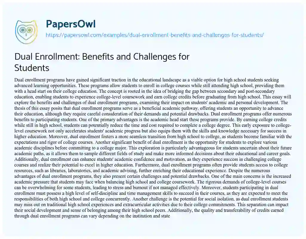 Essay on Dual Enrollment: Benefits and Challenges for Students