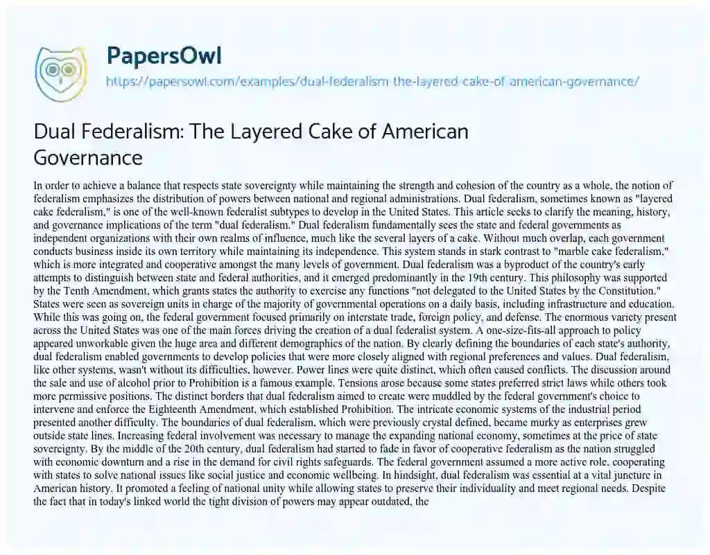 Essay on Dual Federalism: the Layered Cake of American Governance