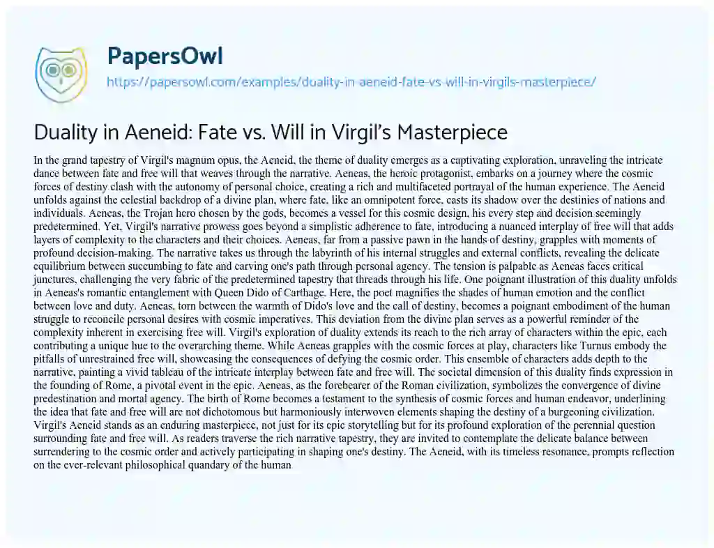 Essay on Duality in Aeneid: Fate Vs. Will in Virgil’s Masterpiece