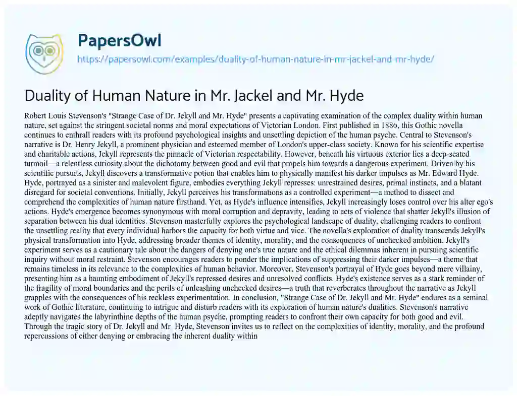 Essay on Duality of Human Nature in Mr. Jackel and Mr. Hyde