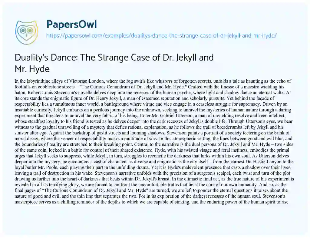 Essay on Duality’s Dance: the Strange Case of Dr. Jekyll and Mr. Hyde