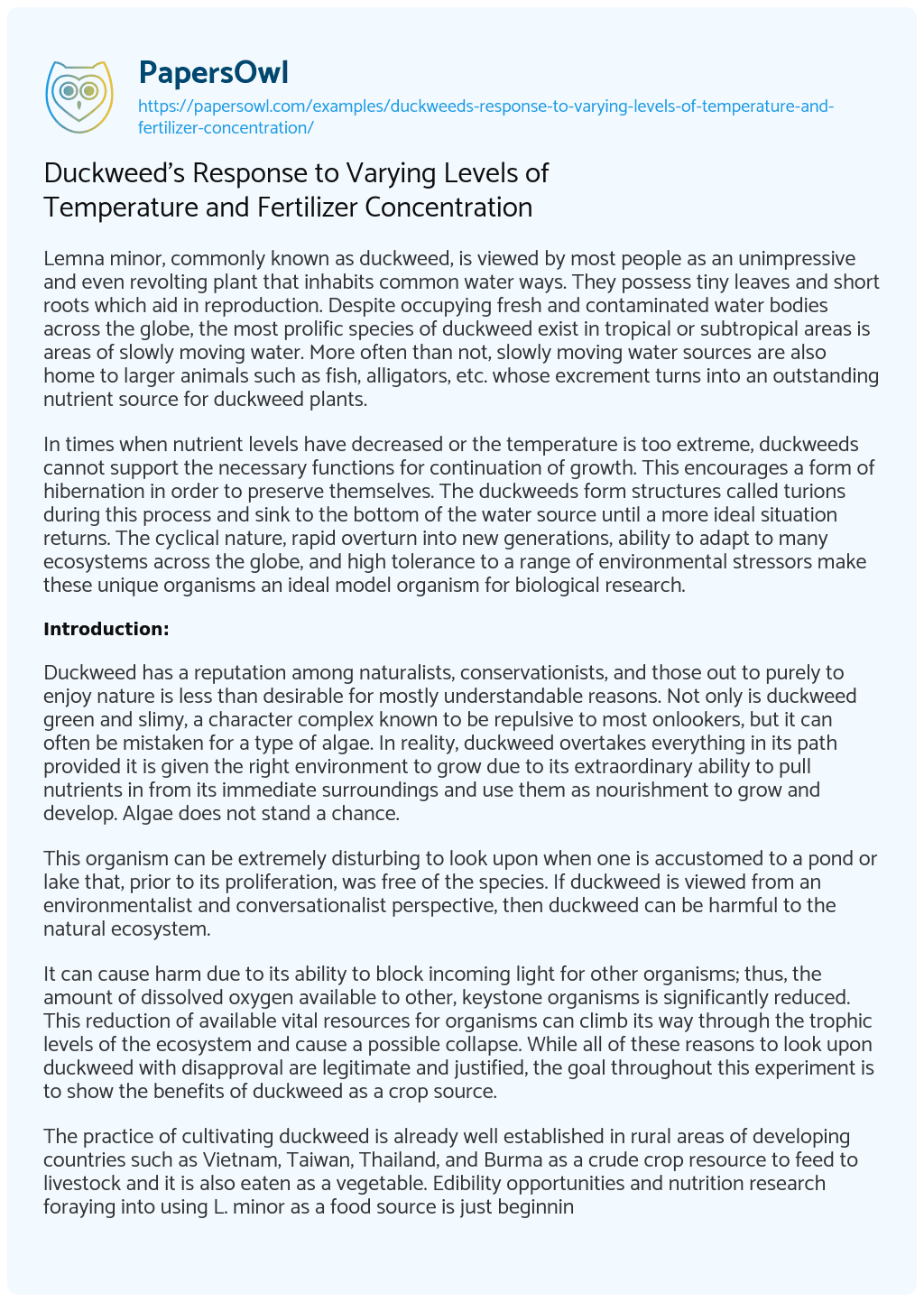 Essay on Duckweed’s Response to Varying Levels of Temperature and Fertilizer Concentration