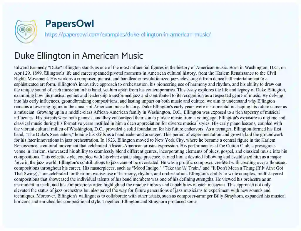 Essay on Duke Ellington in American Music