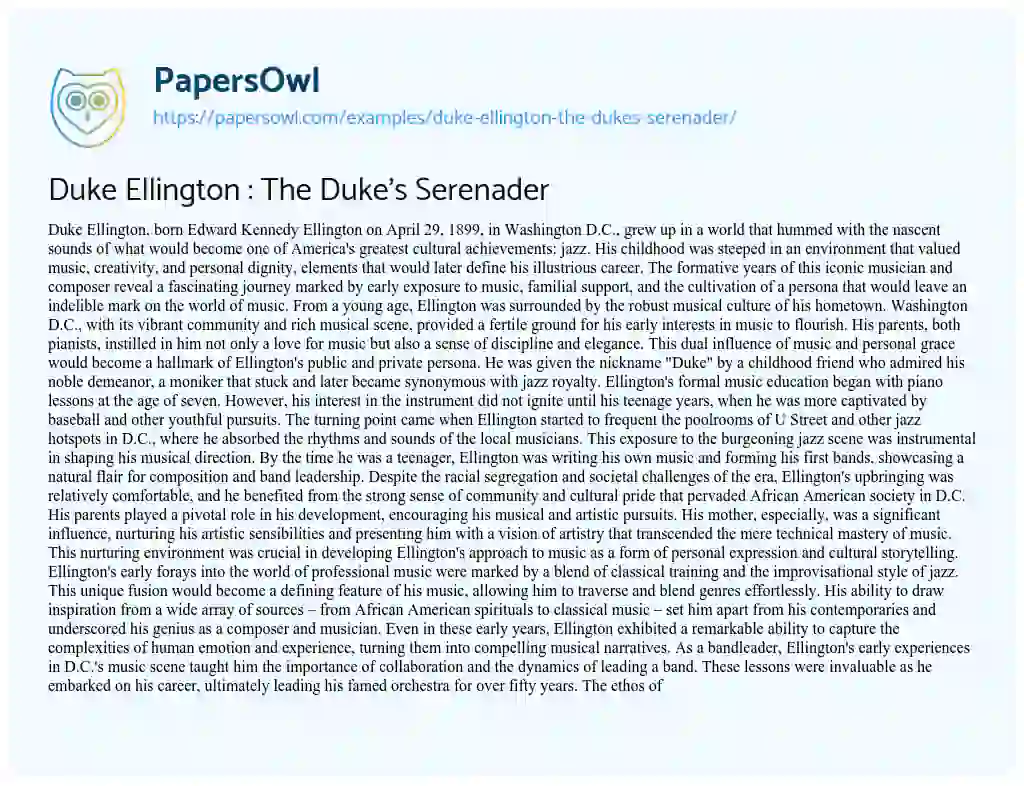 Essay on Duke Ellington : the Duke’s Serenader