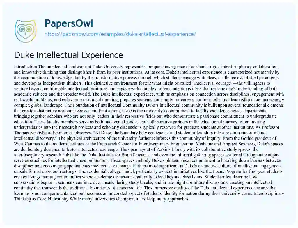 Essay on Duke Intellectual Experience