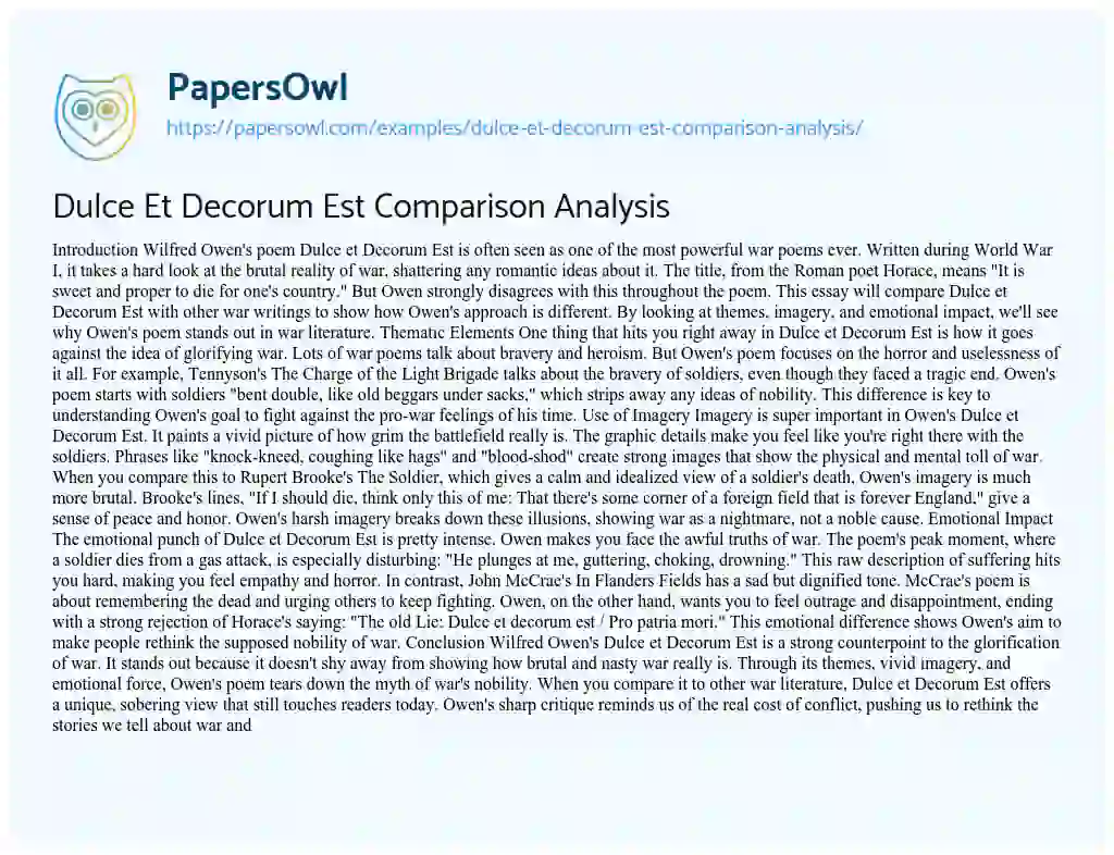 Essay on Dulce Et Decorum Est Comparison Analysis