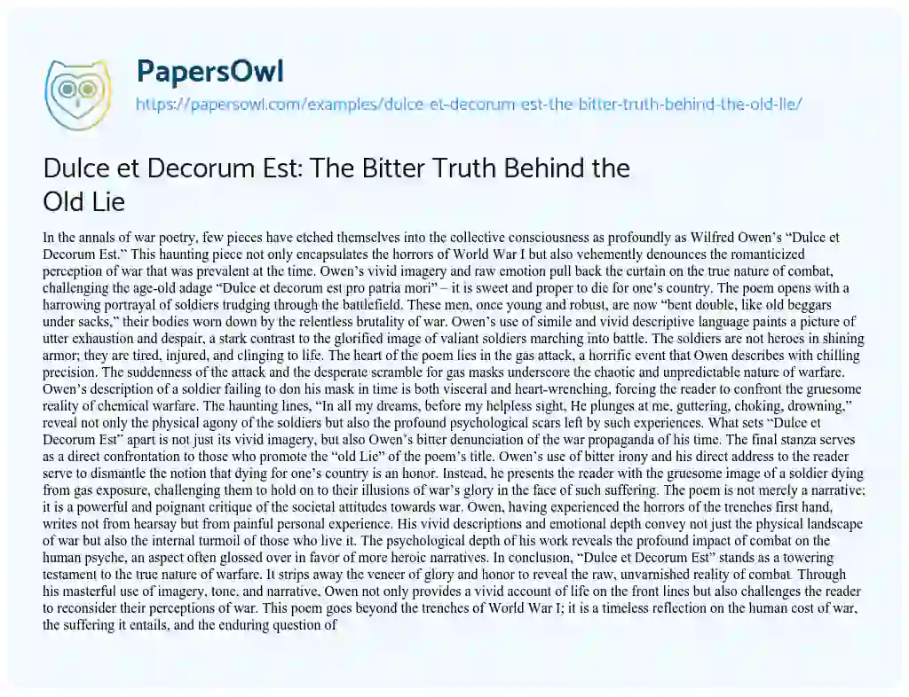 Essay on Dulce Et Decorum Est: the Bitter Truth Behind the Old Lie