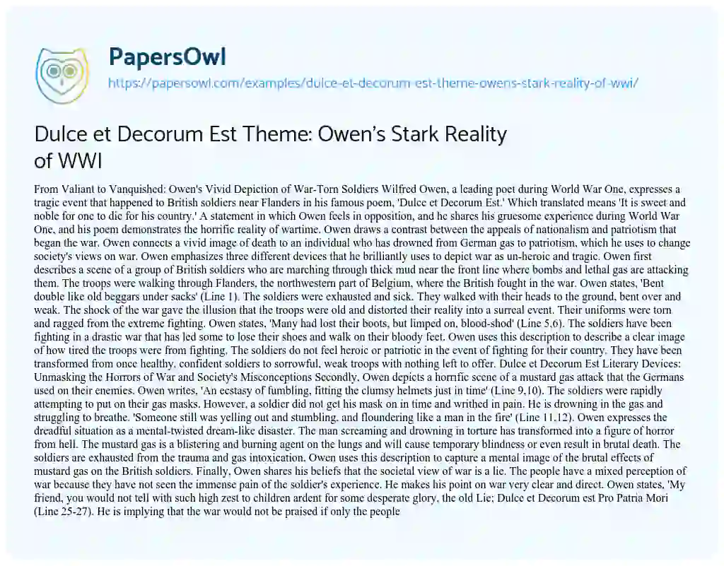 Essay on Dulce Et Decorum Est Theme: Owen’s Stark Reality of WWI