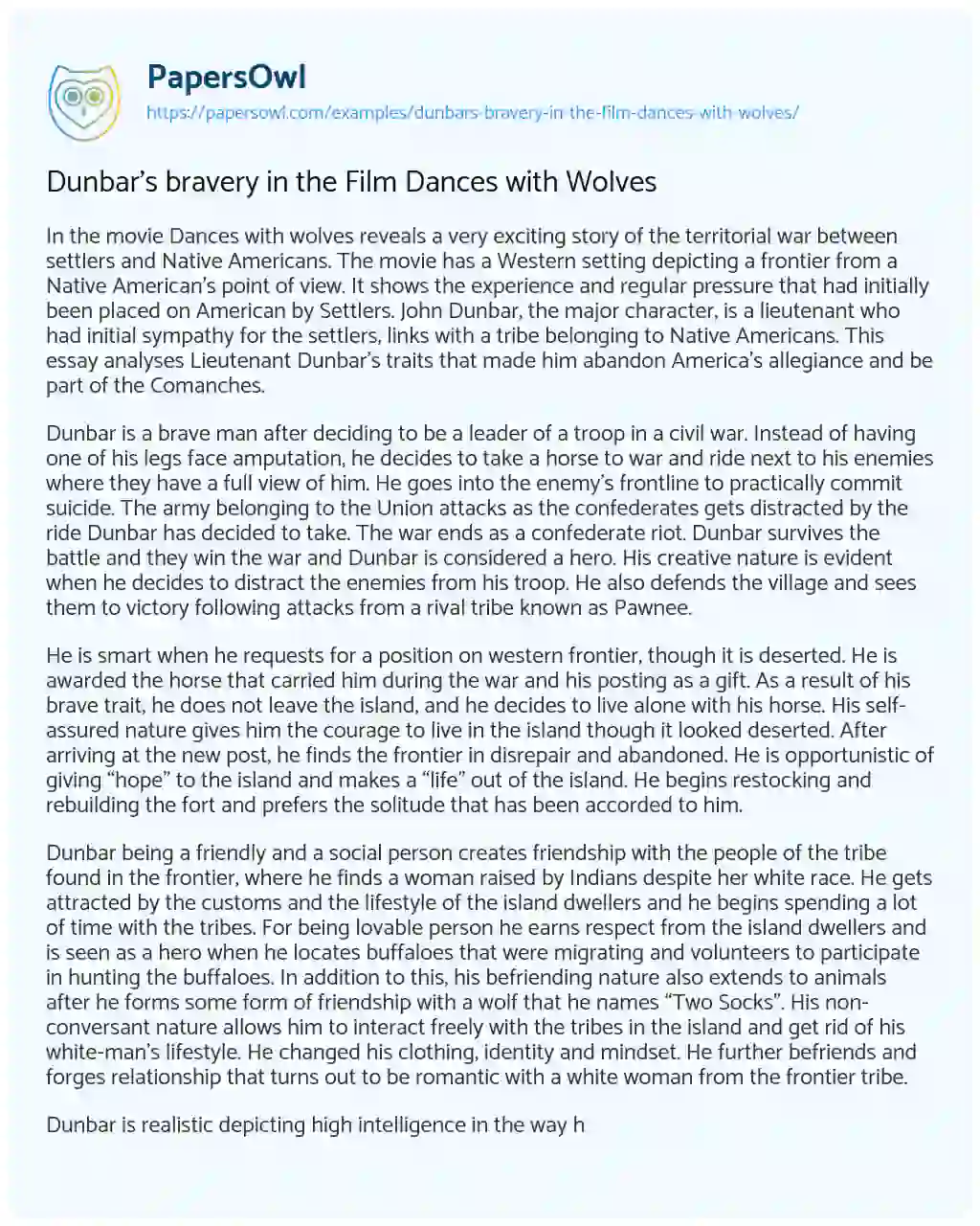 Essay on Dunbar’s Bravery in the Film Dances with Wolves