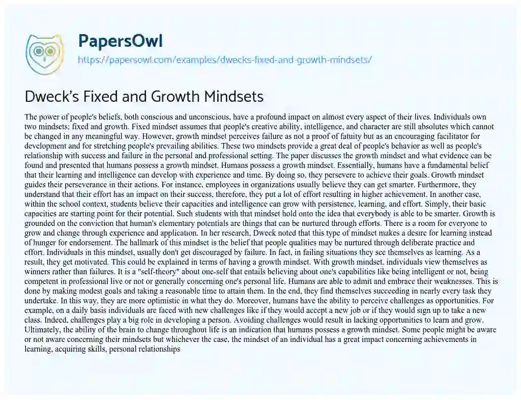 Essay on Dweck’s Fixed and Growth Mindsets