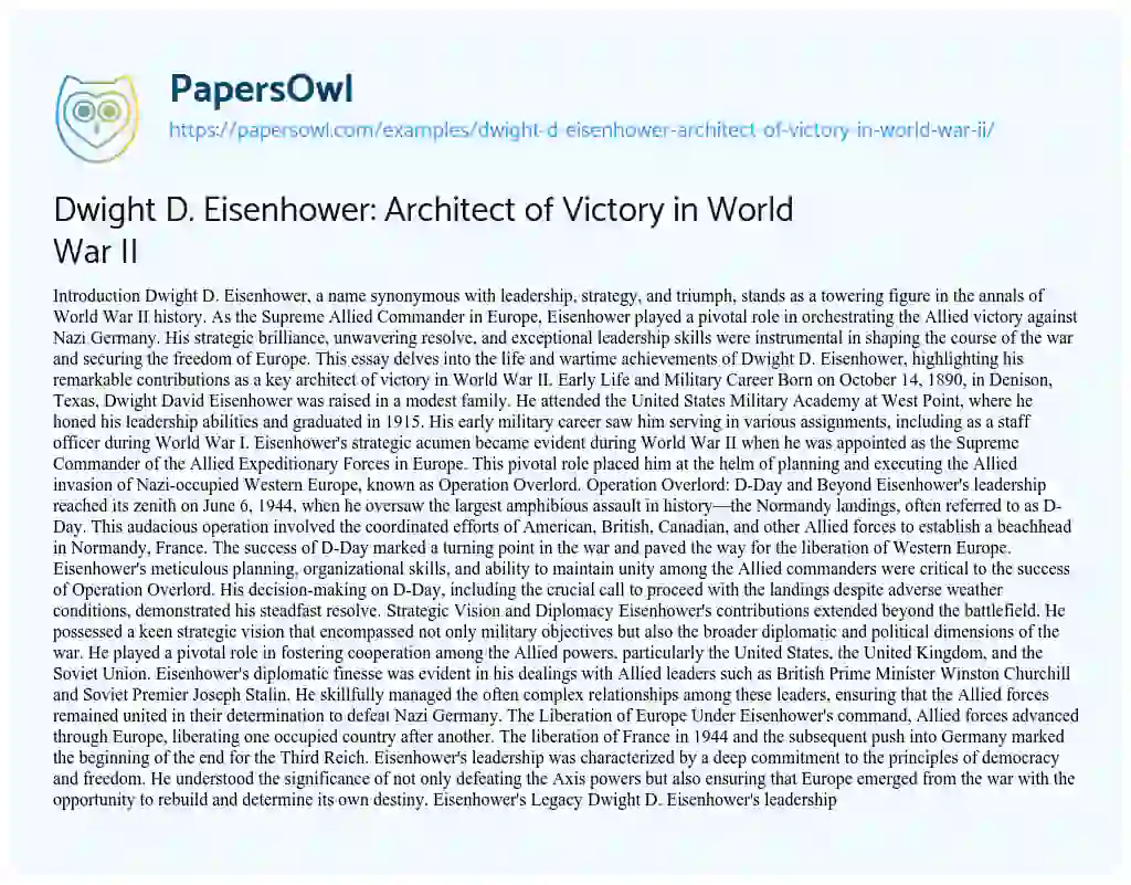 Essay on Dwight D. Eisenhower: Architect of Victory in World War II