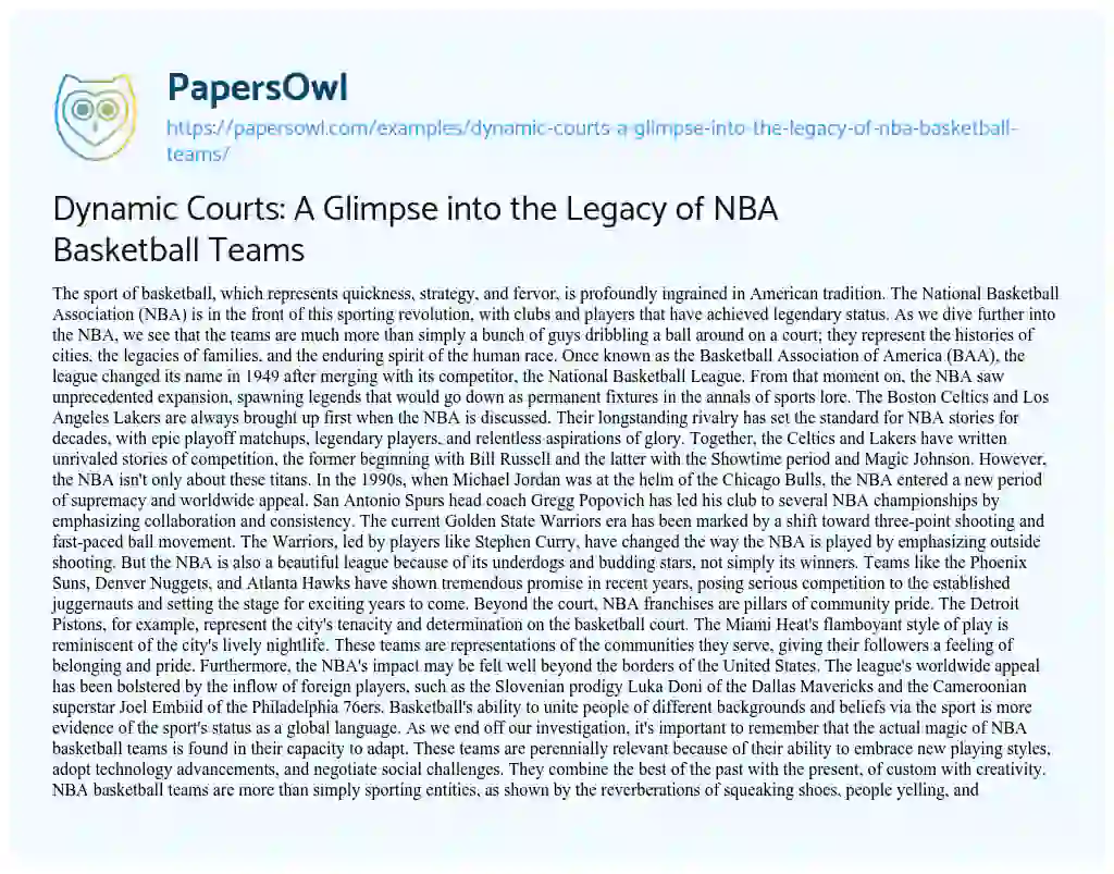 Essay on Dynamic Courts: a Glimpse into the Legacy of NBA Basketball Teams