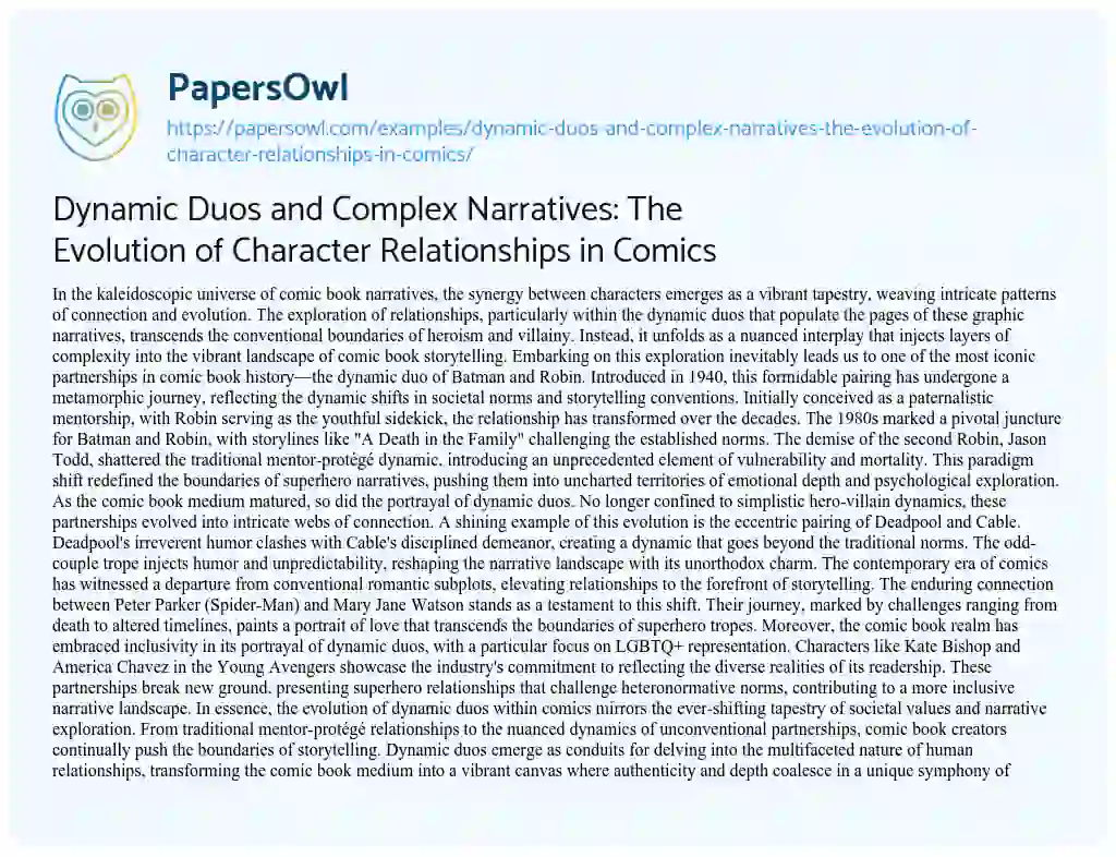 Essay on Dynamic Duos and Complex Narratives: the Evolution of Character Relationships in Comics