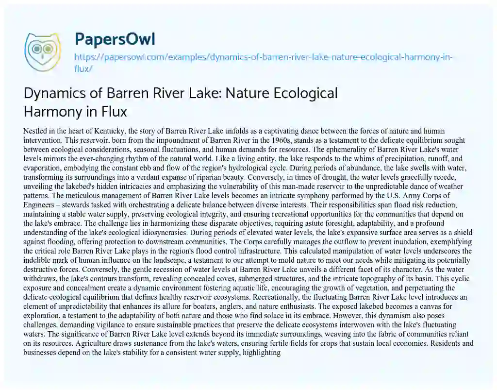 Essay on Dynamics of Barren River Lake: Nature Ecological Harmony in Flux