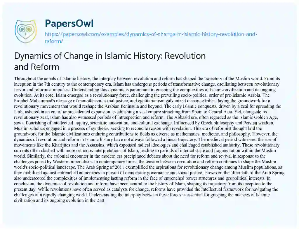 Essay on Dynamics of Change in Islamic History: Revolution and Reform