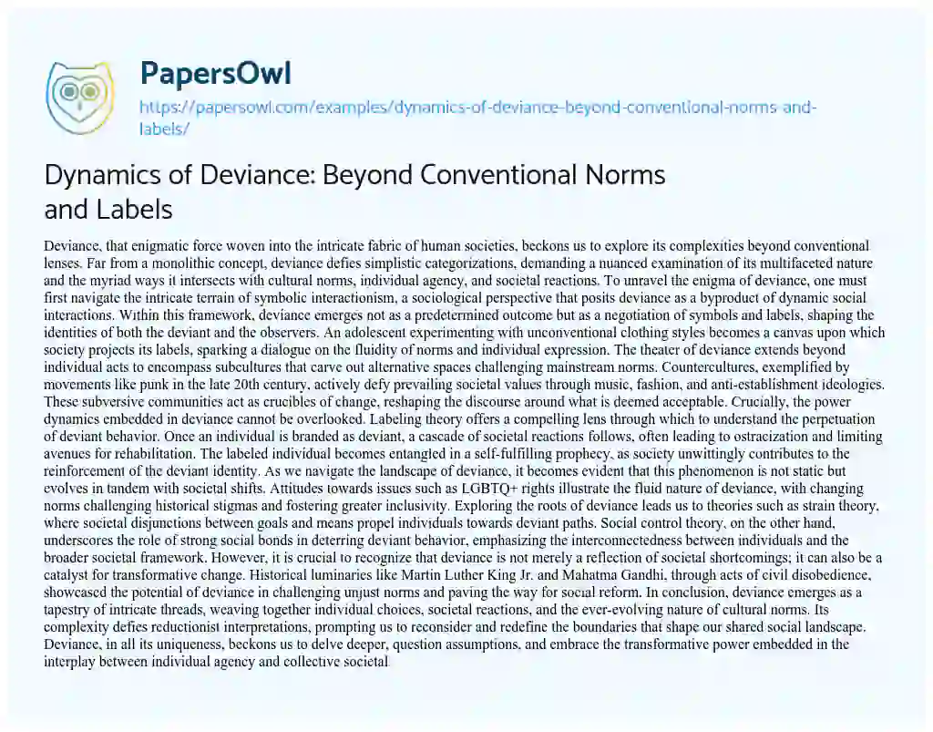 Essay on Dynamics of Deviance: Beyond Conventional Norms and Labels