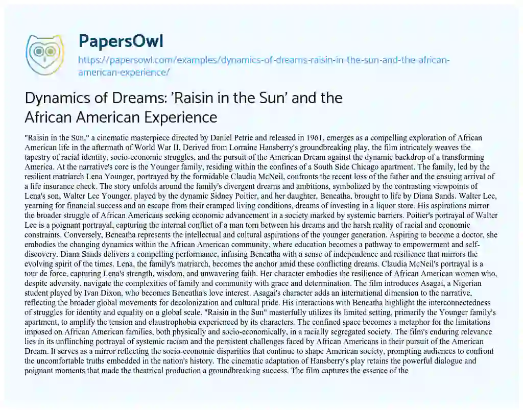 Essay on Dynamics of Dreams: ‘Raisin in the Sun’ and the African American Experience