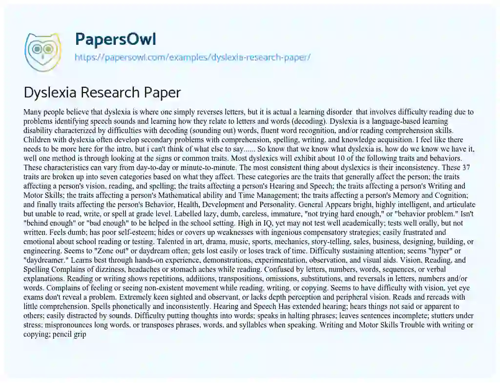 Essay on Dyslexia Research Paper