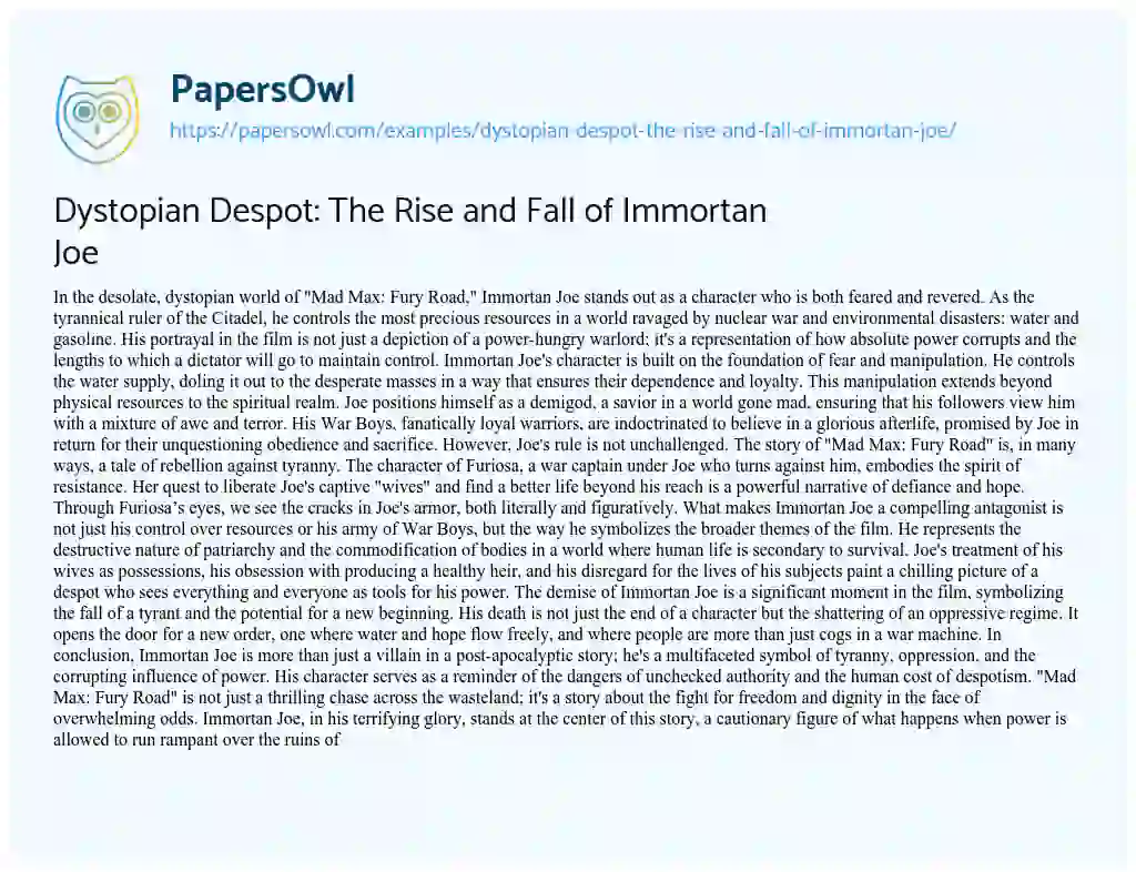 Essay on Dystopian Despot: the Rise and Fall of Immortan Joe