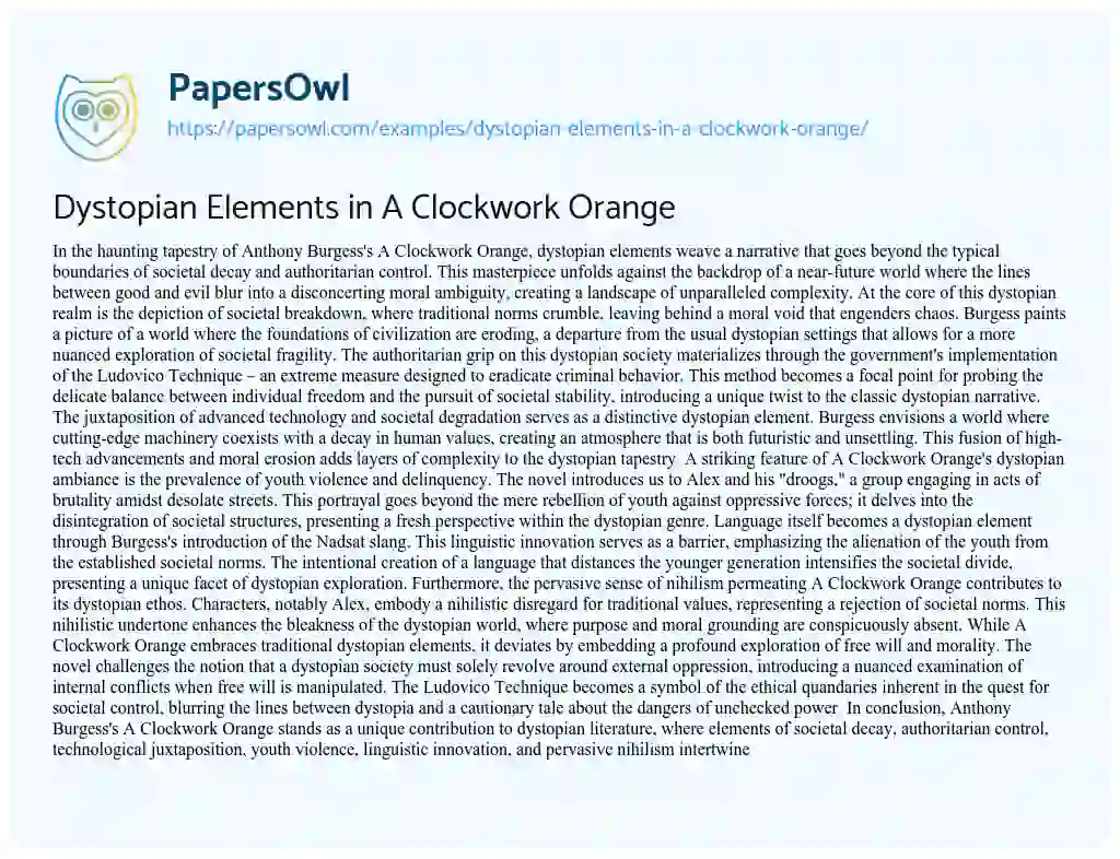 Essay on Dystopian Elements in a Clockwork Orange