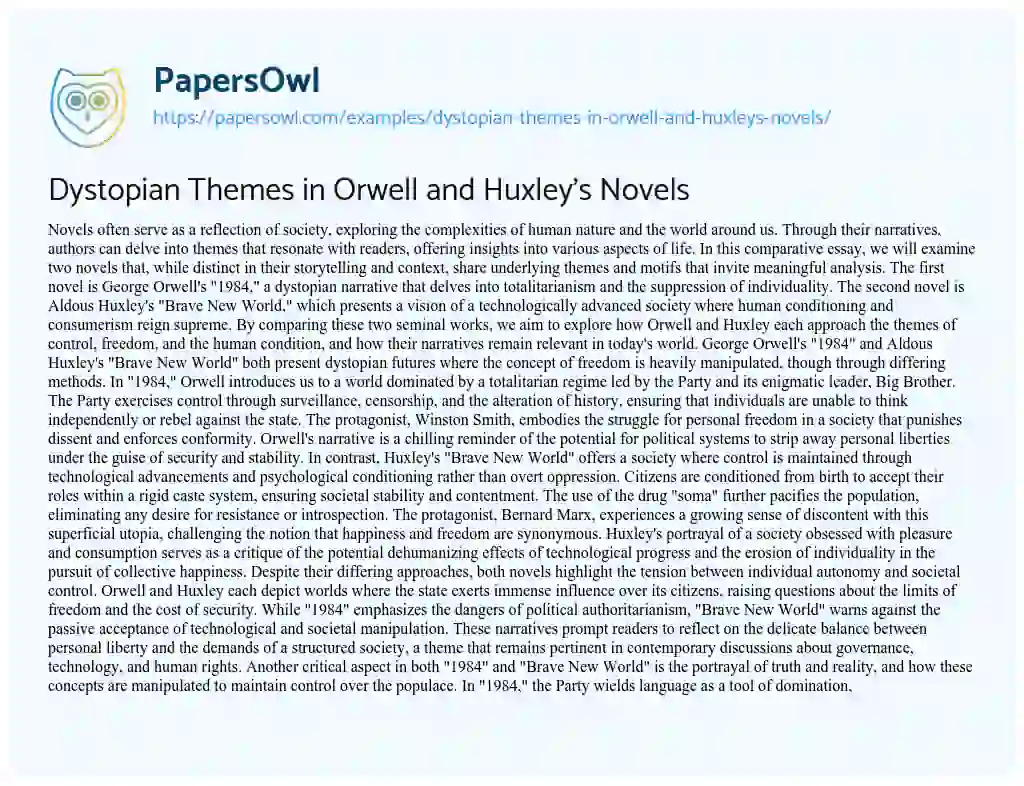 Essay on Dystopian Themes in Orwell and Huxley’s Novels