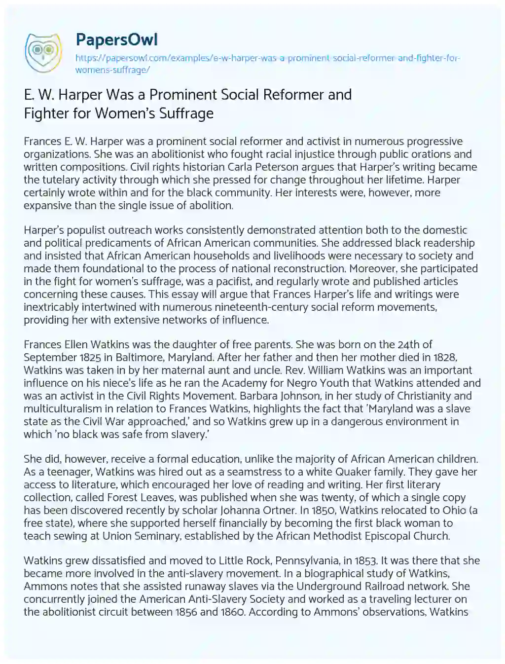 Essay on E. W. Harper was a Prominent Social Reformer and Fighter for Women’s Suffrage