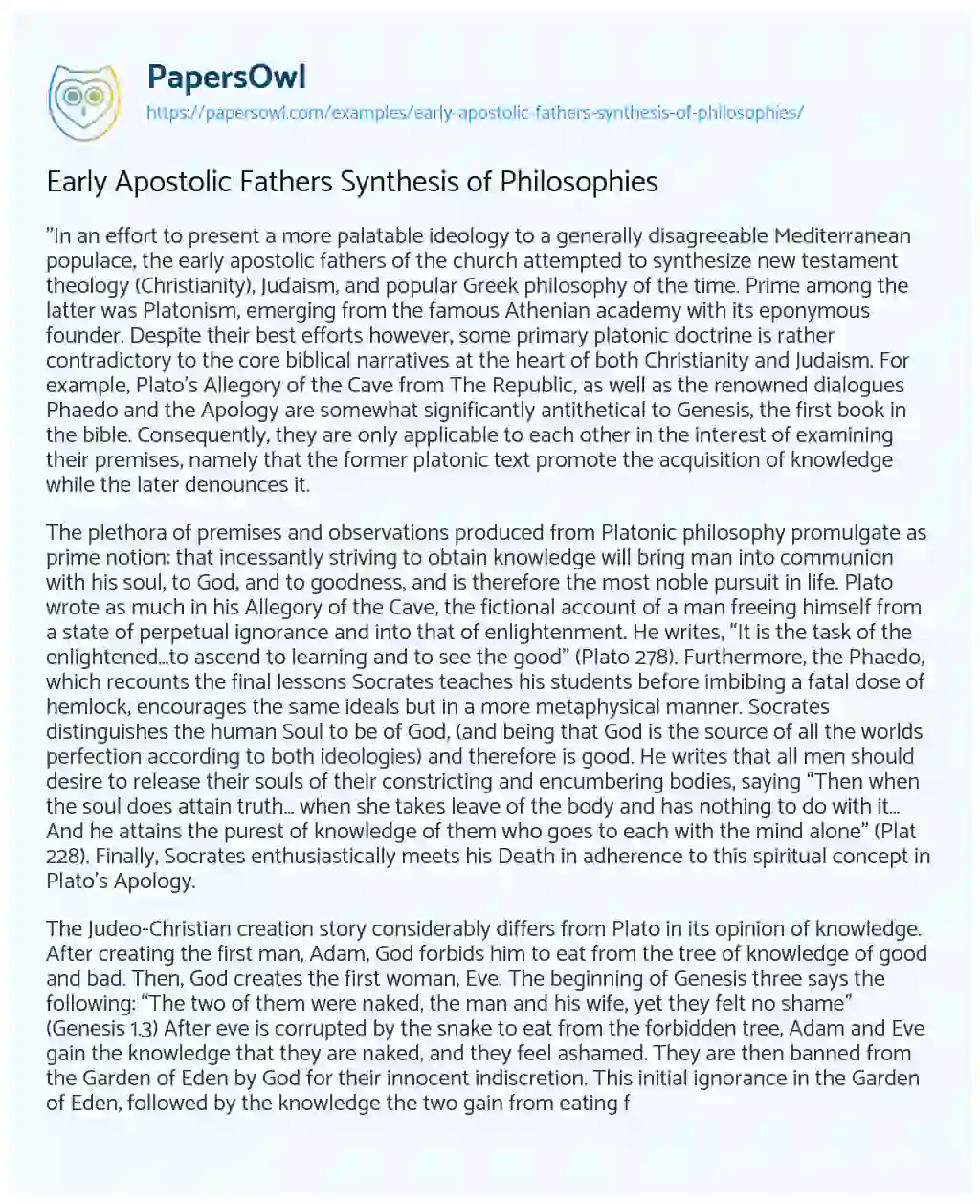 Essay on Early Apostolic Fathers Synthesis of Philosophies