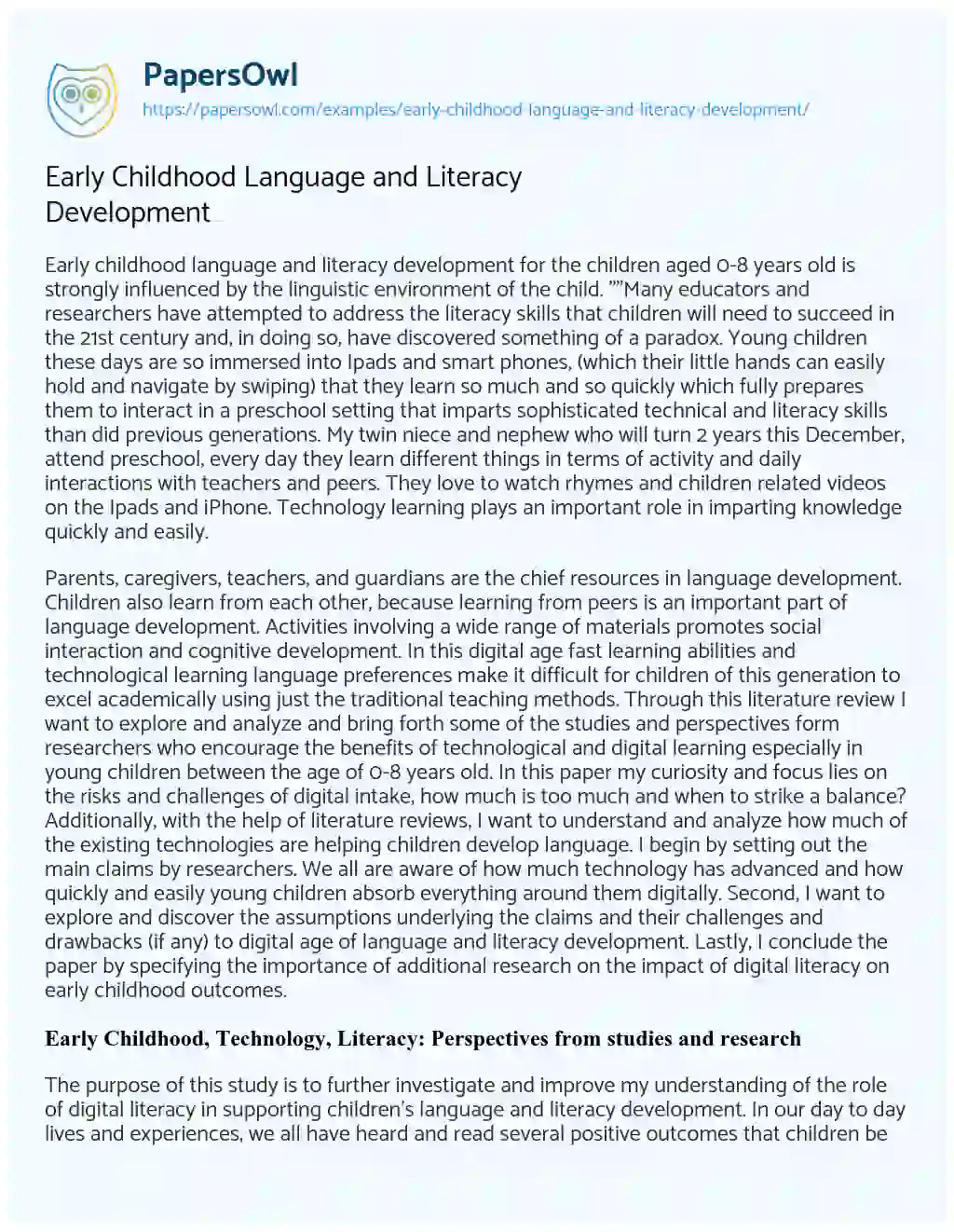 Essay on Early Childhood Language and Literacy Development