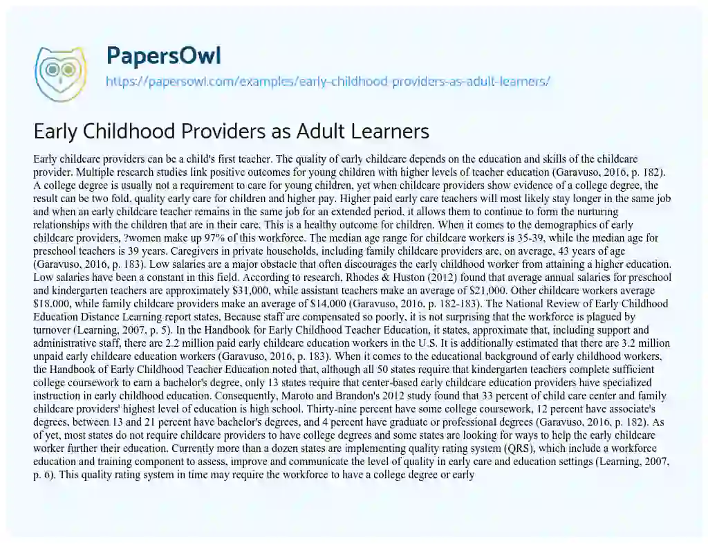 Essay on Early Childhood Providers as Adult Learners