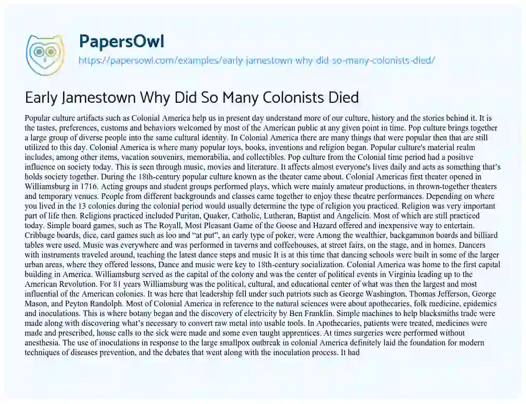 Early Jamestown why did so Many Colonists Died essay