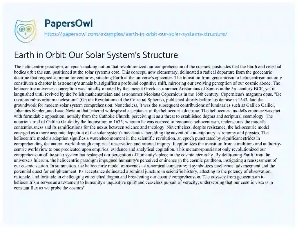 Essay on Earth in Orbit: Our Solar System’s Structure